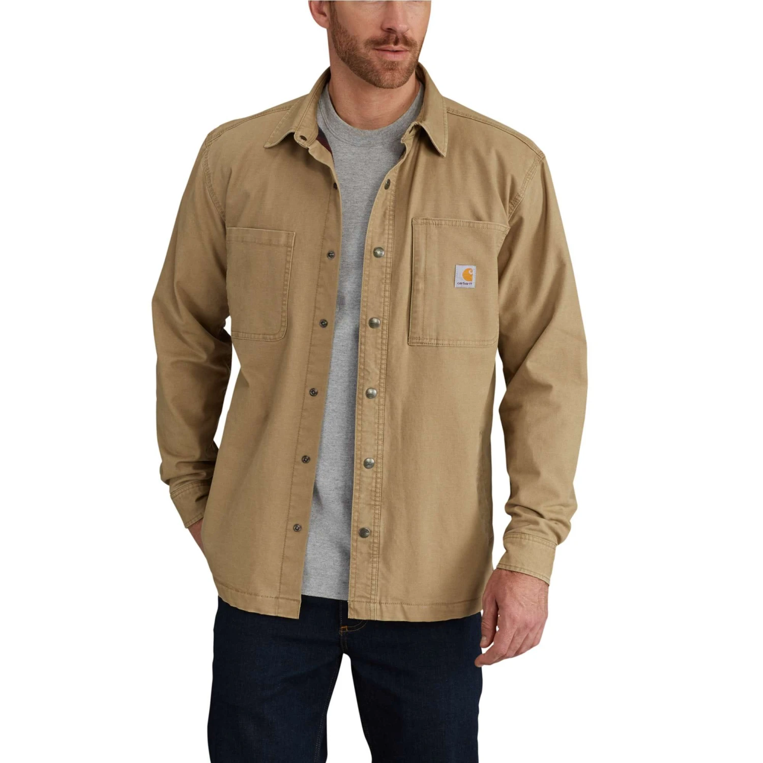 Carhartt Shirts: Men's 102851 253 Dark Khaki Relaxed Fit Canvas Shirt Jacket - Image 2