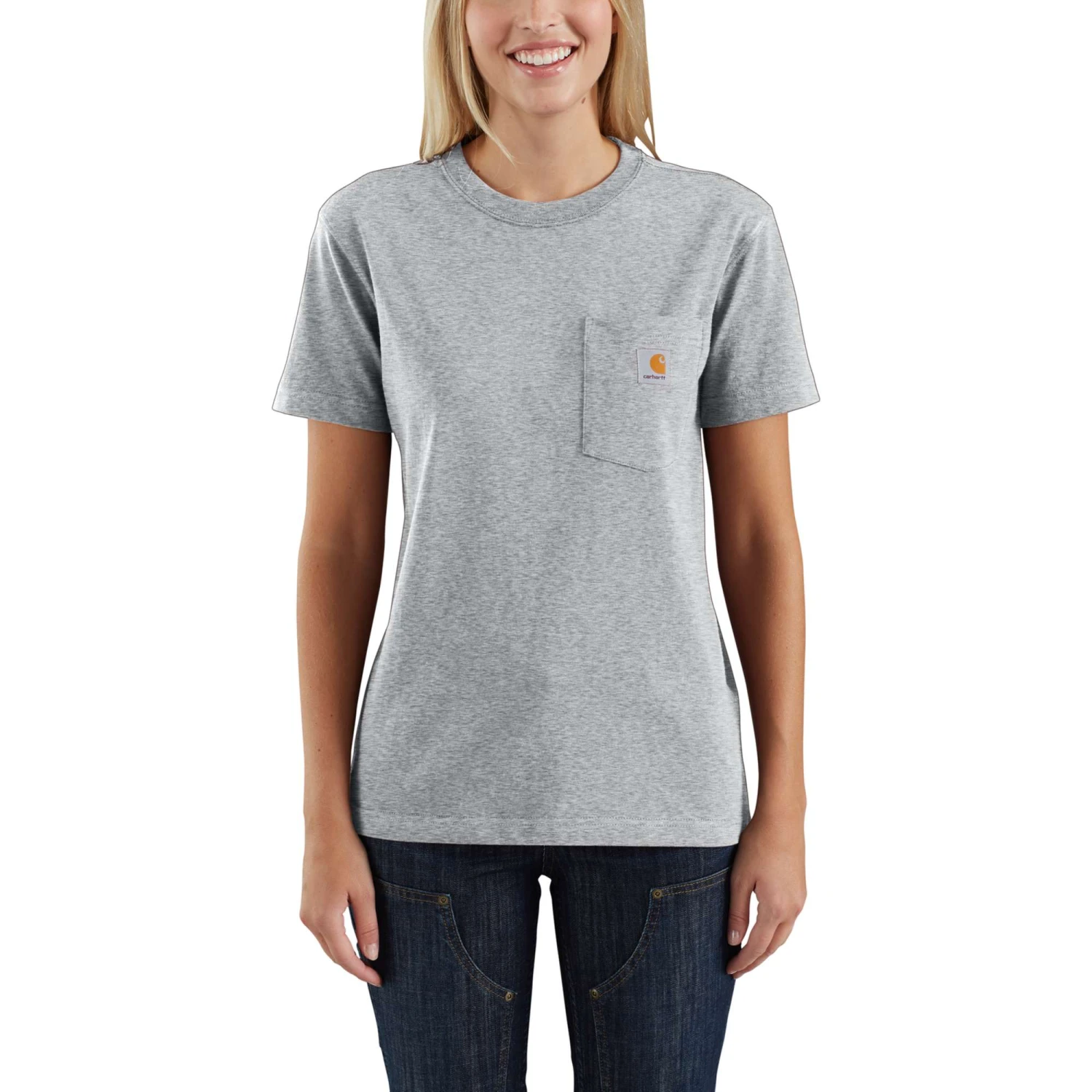 Carhartt Women's Shirt: WK87 103067 034 Heather Grey Short Sleeve Pocket Loose Fit Tshirt