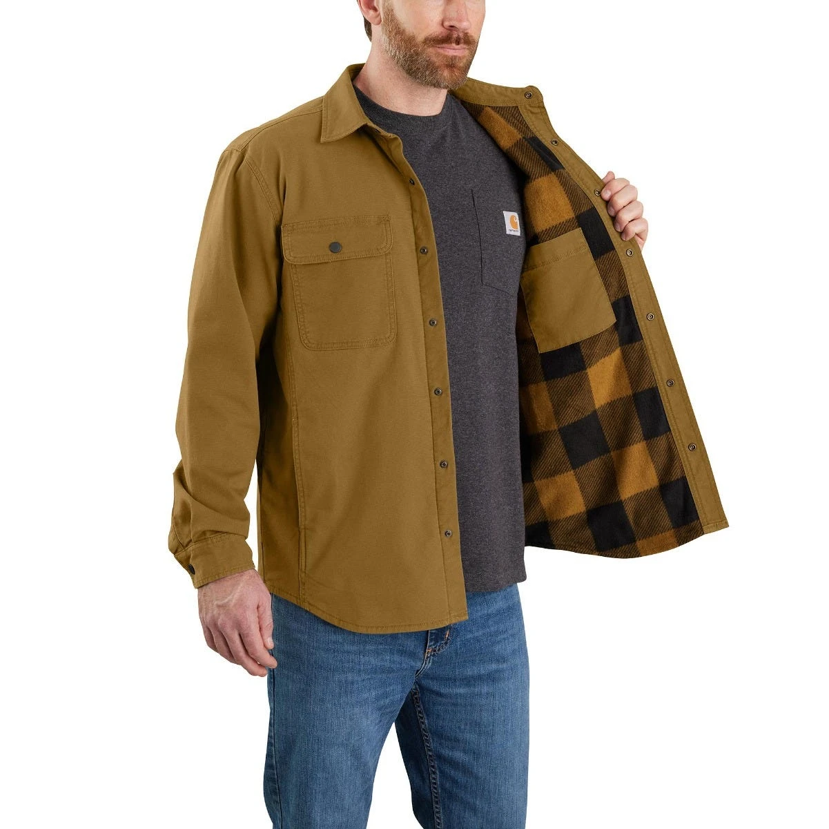 Carhartt Shirts: Men's 105419 B33 Oak Brown Rugged Flex Canvas Fleece-Lined Shirt Jacket - Image 3