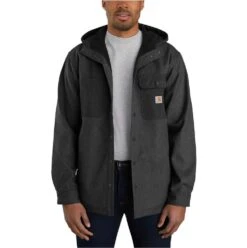 Carhartt Jackets: Men's 105022 BKH Black Heather Rain Defender Relaxed Fit Hooded Shirt Jacket