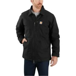 Carhartt Coats: Men's 104293 BLK Black Loose Fit Washed Duck Sherpa-Lined Coat