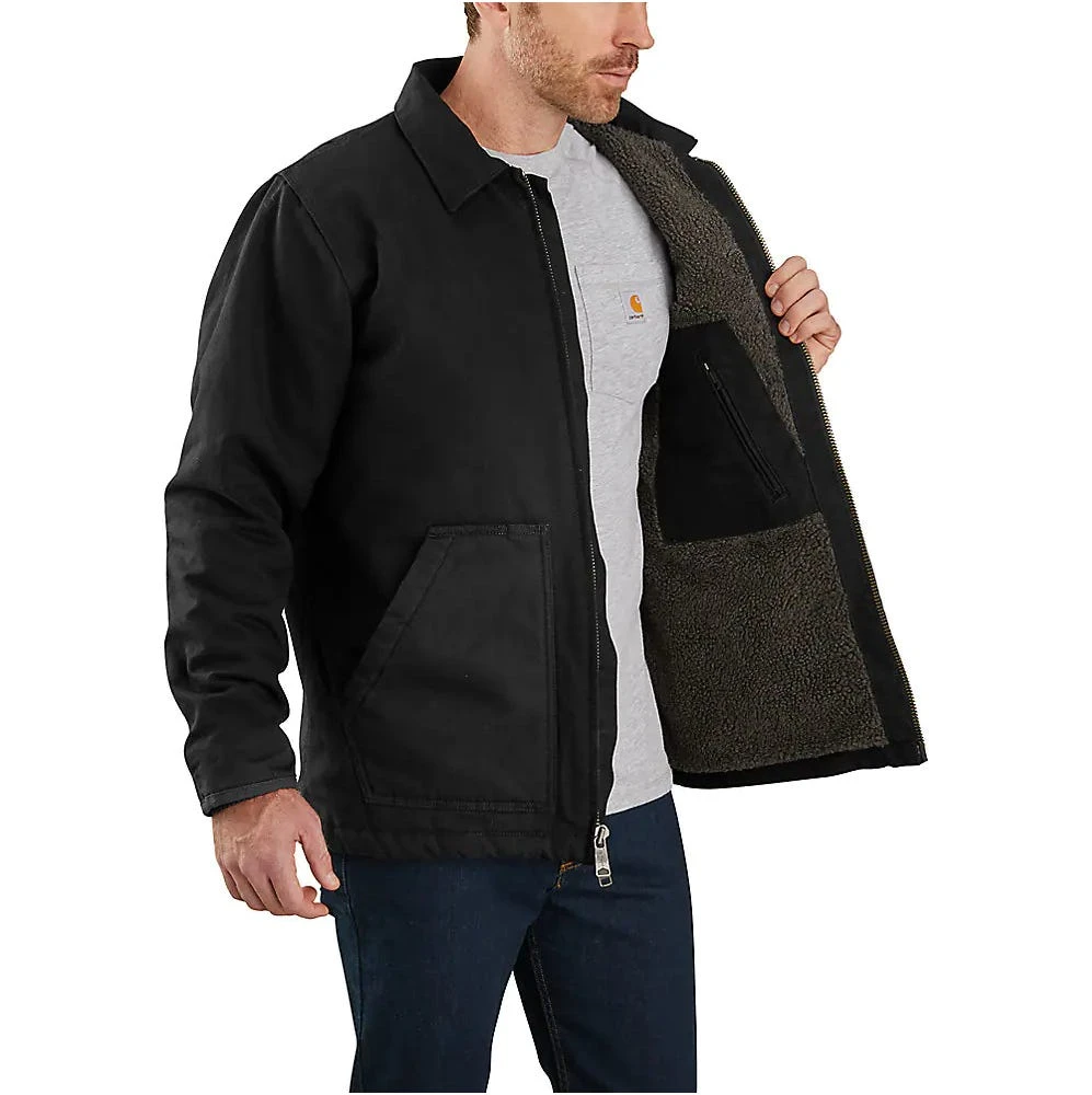 Carhartt Coats: Men's 104293 BLK Black Loose Fit Washed Duck Sherpa-Lined Coat - Image 2