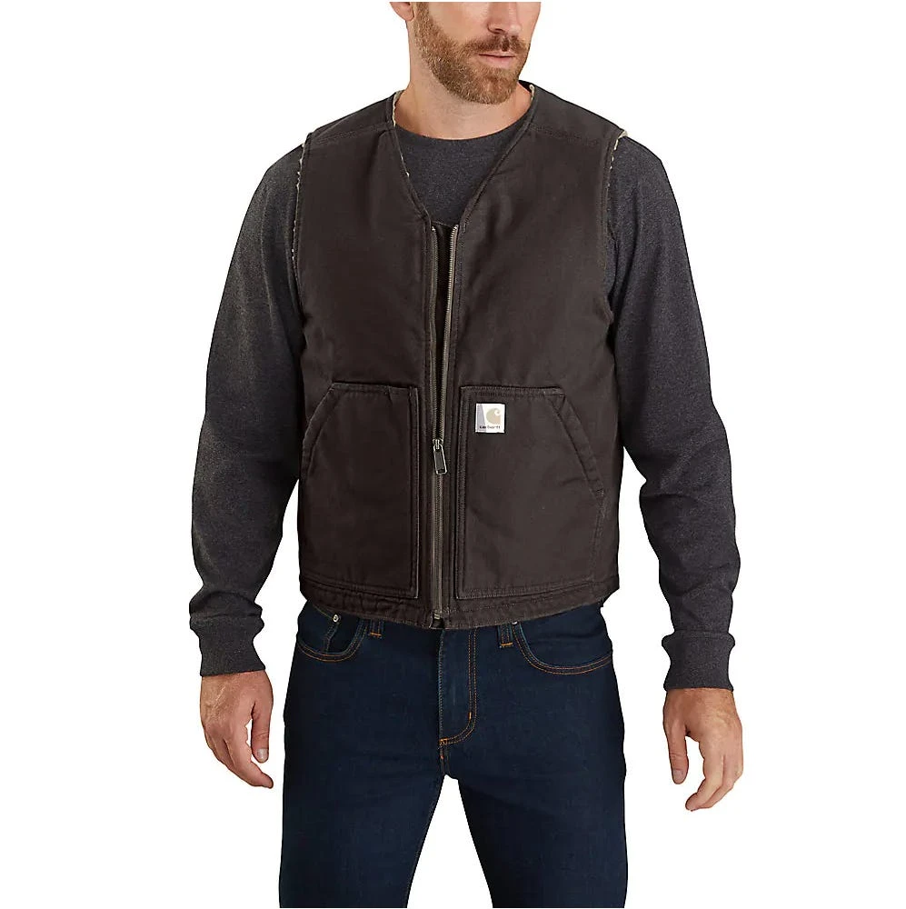 Carhartt Vests: Men's 104394 DKB Dark Brown Relaxed Fit Washed Duck Sherpa-Lined Vest
