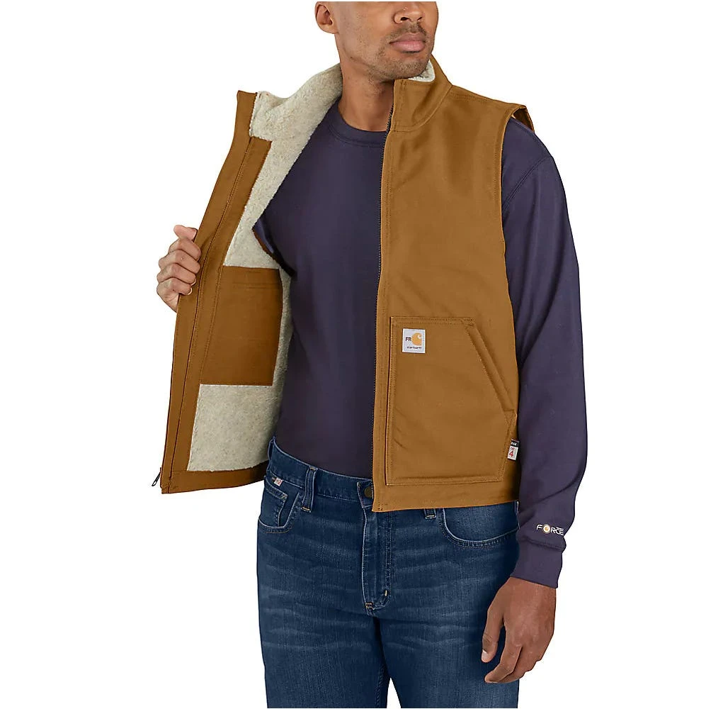 Carhartt Vests: Men's 104981 BRN Brown FR Duck Sherpa Lined Vest - Image 3